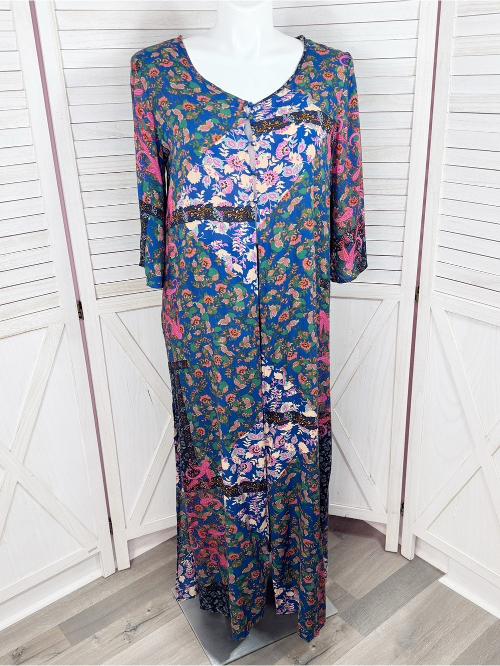 Hayden LA Floral Patchwork Boho Duster Cardigan Top Blue Pink Large Maxi